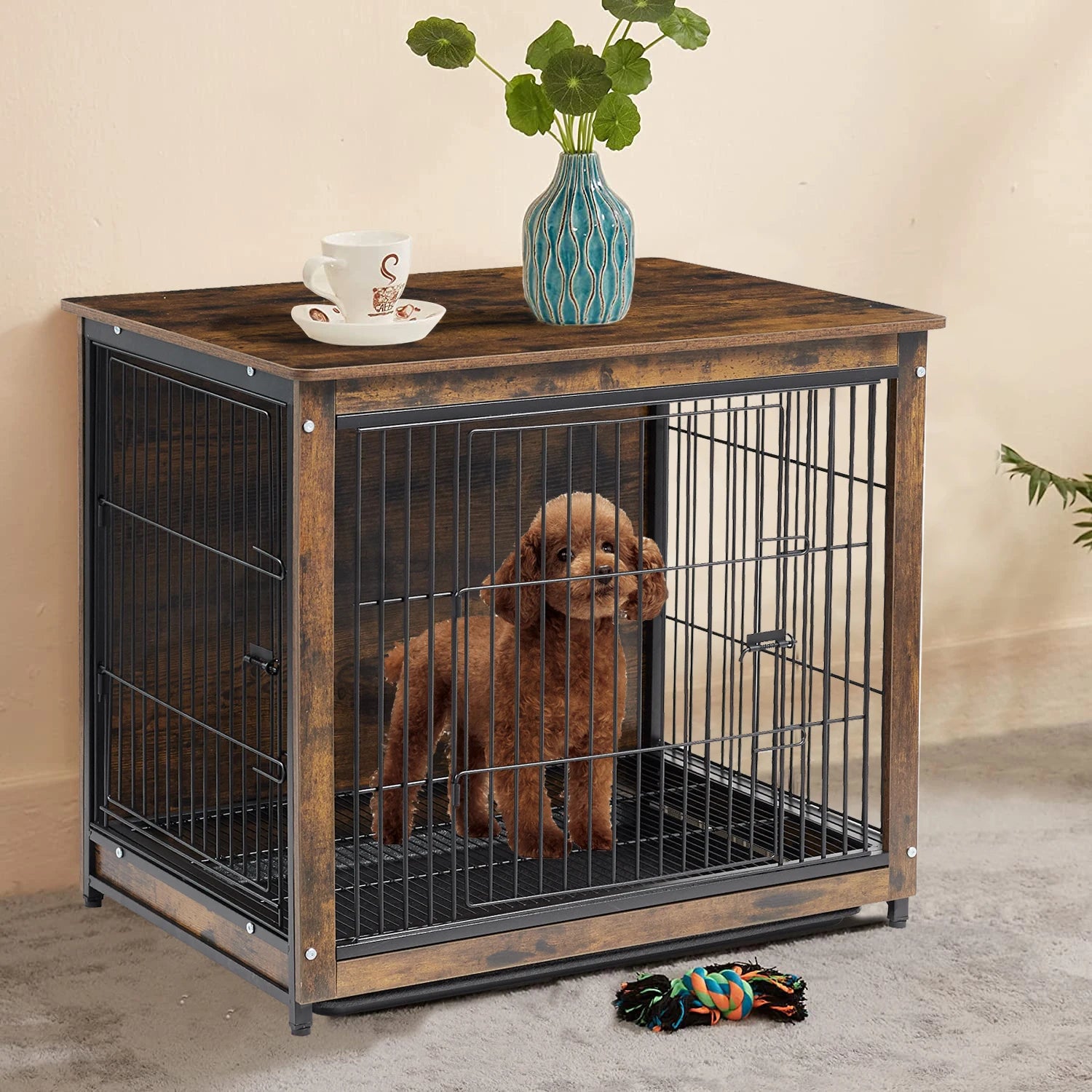 Wooden Vintage Dog Cage End Table