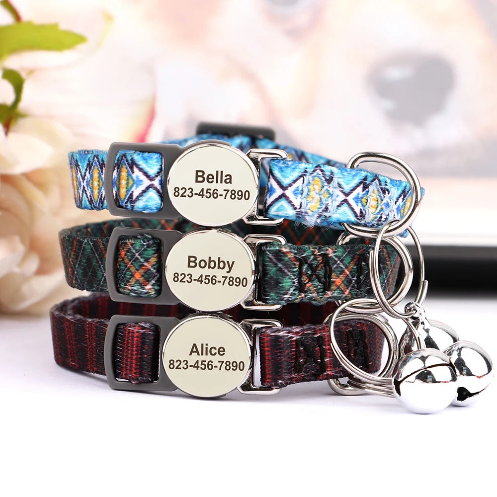 Personalized Printed Cat Collar - Adjustable Kitten and Puppy Collar with Free Engraved ID Nameplate & Bell