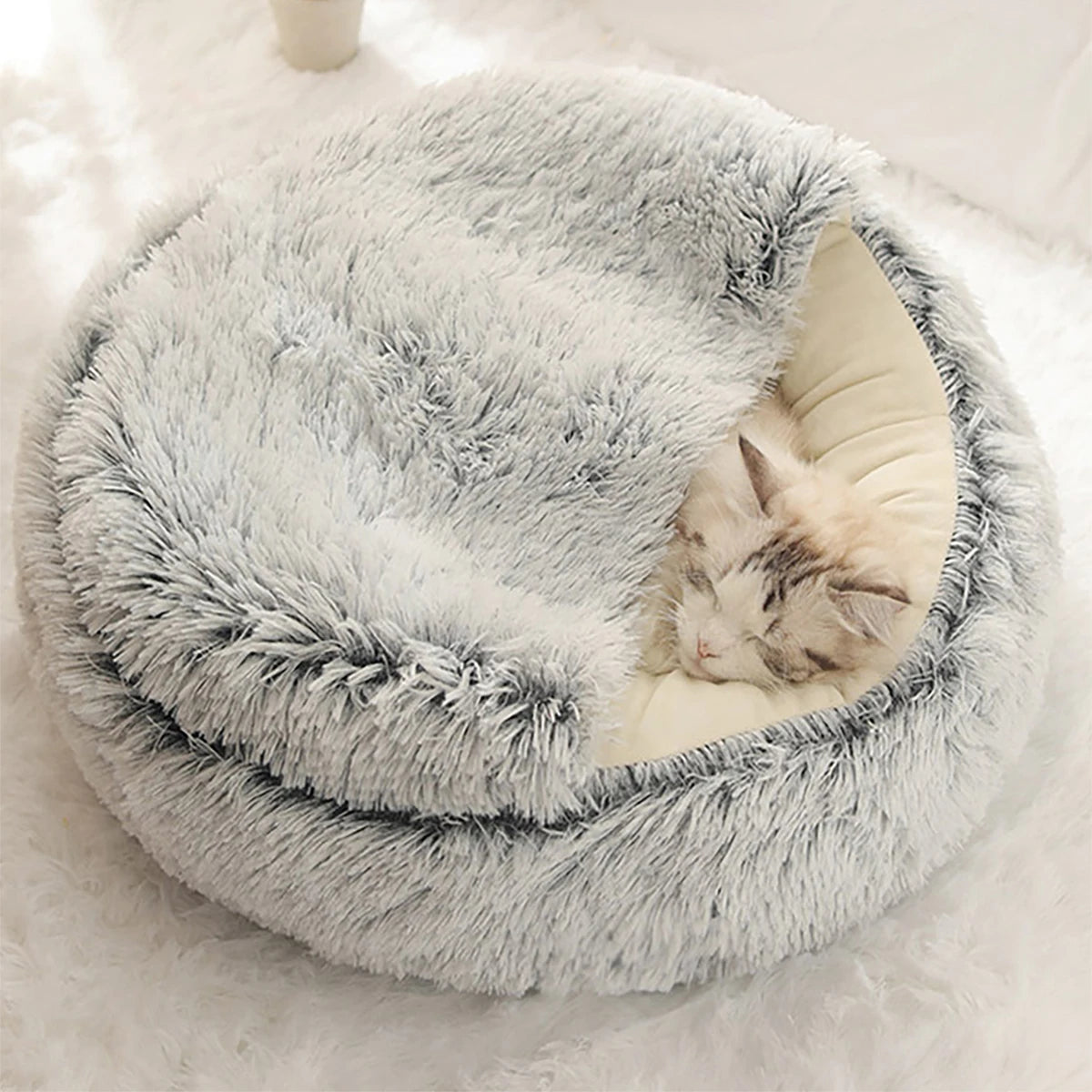 Cat Bed Round Plush Fluffy Hooded Cat Bed Cave - Cozy Doughnut Anti-Anxiety Bed for Indoor Cats and Small Dogs