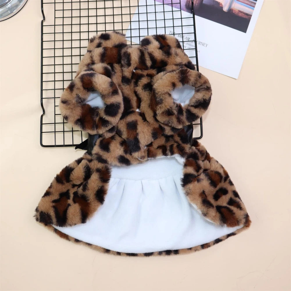 Winter Pet Clothes Plush Coat Leopard Print Dress