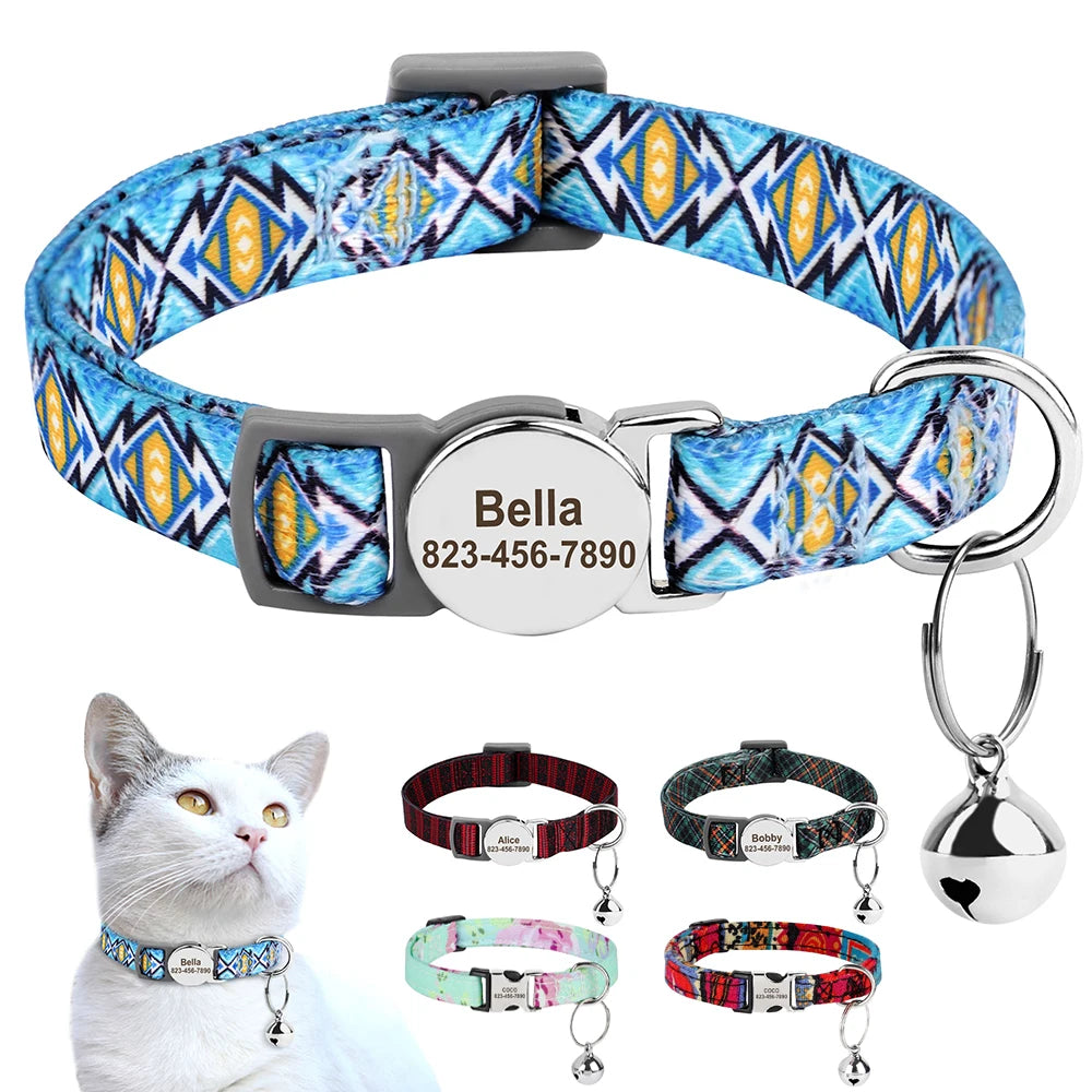 Personalized Printed Cat Collar - Adjustable Kitten and Puppy Collar with Free Engraved ID Nameplate & Bell