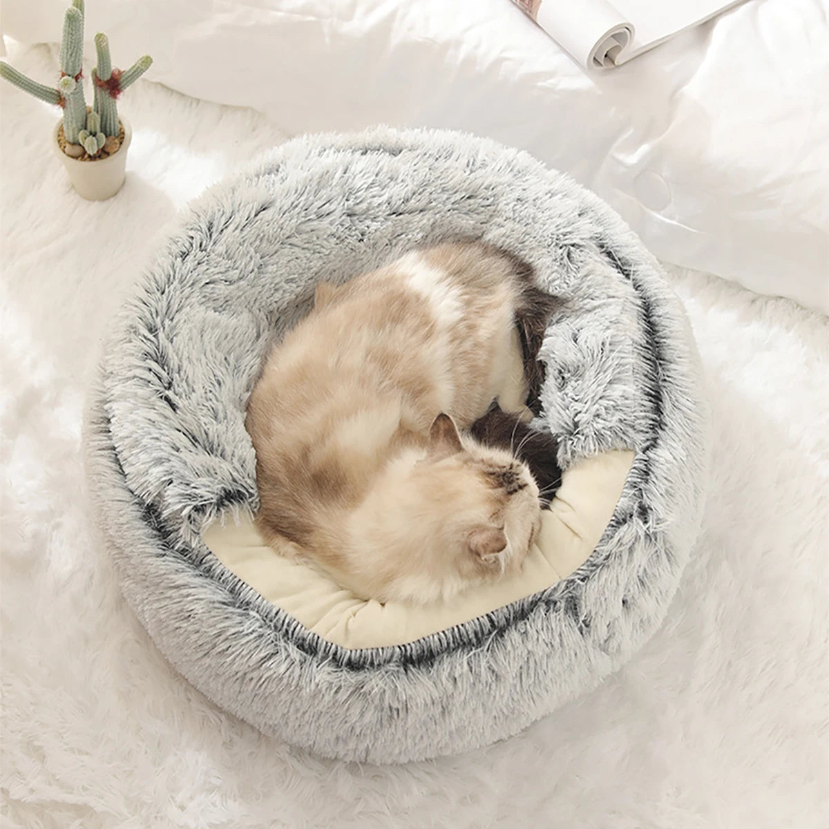 Cat Bed Round Plush Fluffy Hooded Cat Bed Cave - Cozy Doughnut Anti-Anxiety Bed for Indoor Cats and Small Dogs