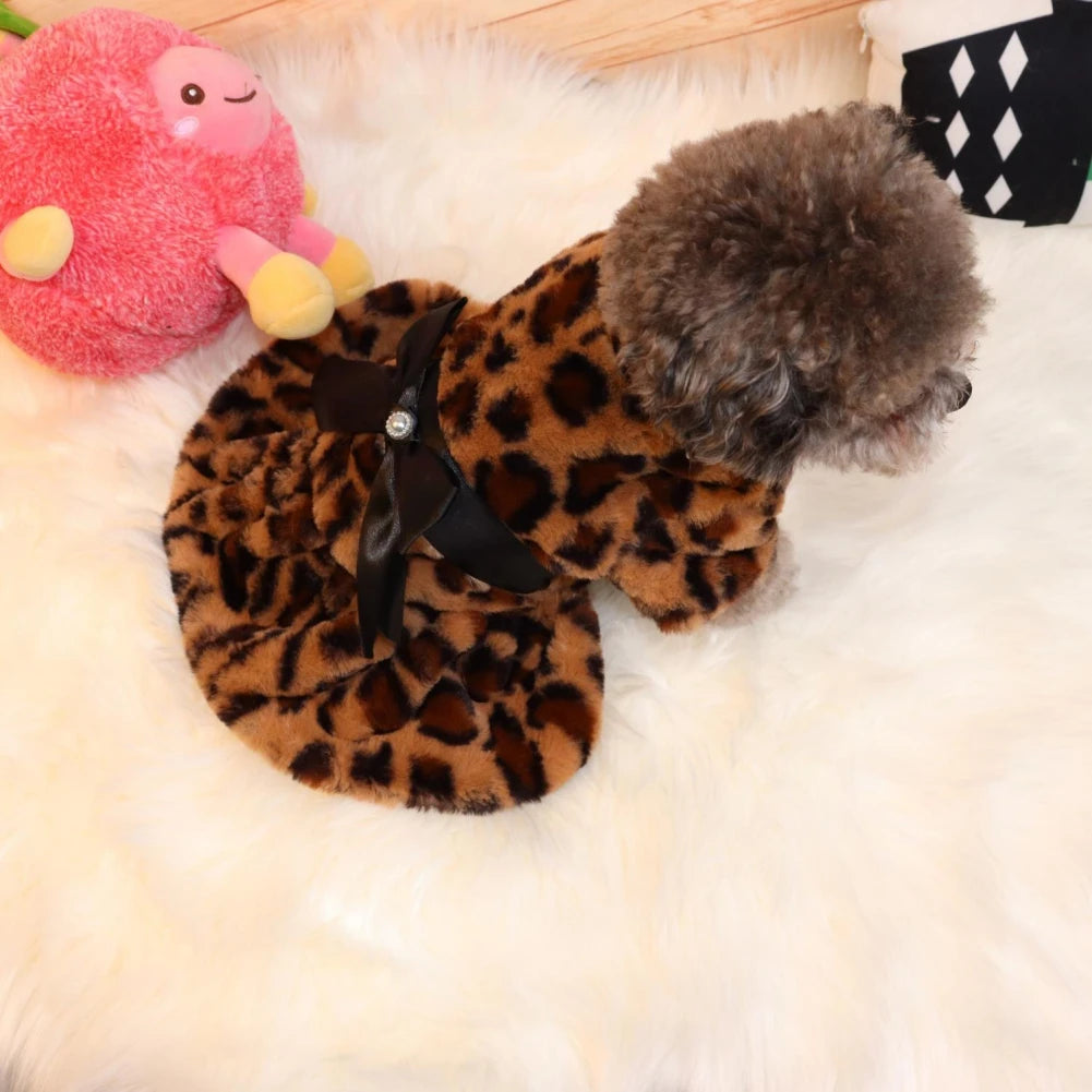 Winter Pet Clothes Plush Coat Leopard Print Dress