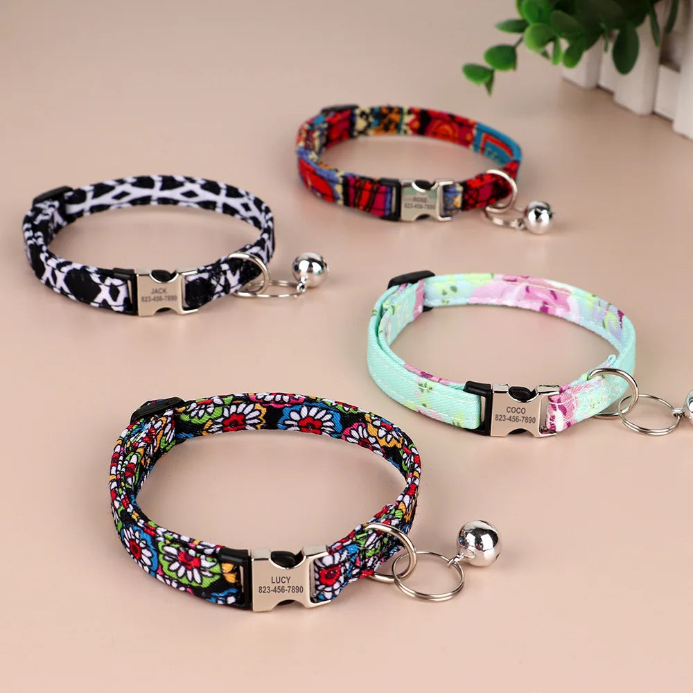 Personalized Printed Cat Collar - Adjustable Kitten and Puppy Collar with Free Engraved ID Nameplate & Bell