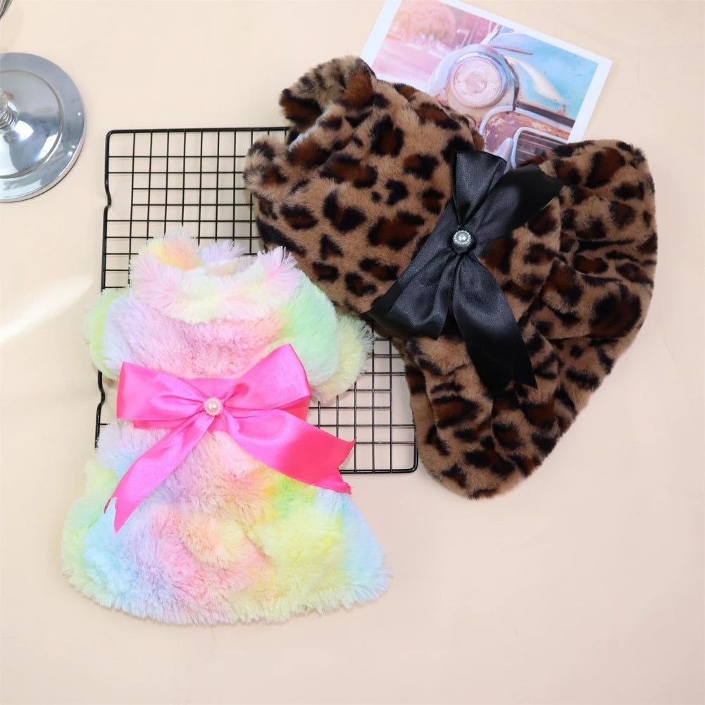 Winter Pet Clothes Plush Coat Leopard Print Dress