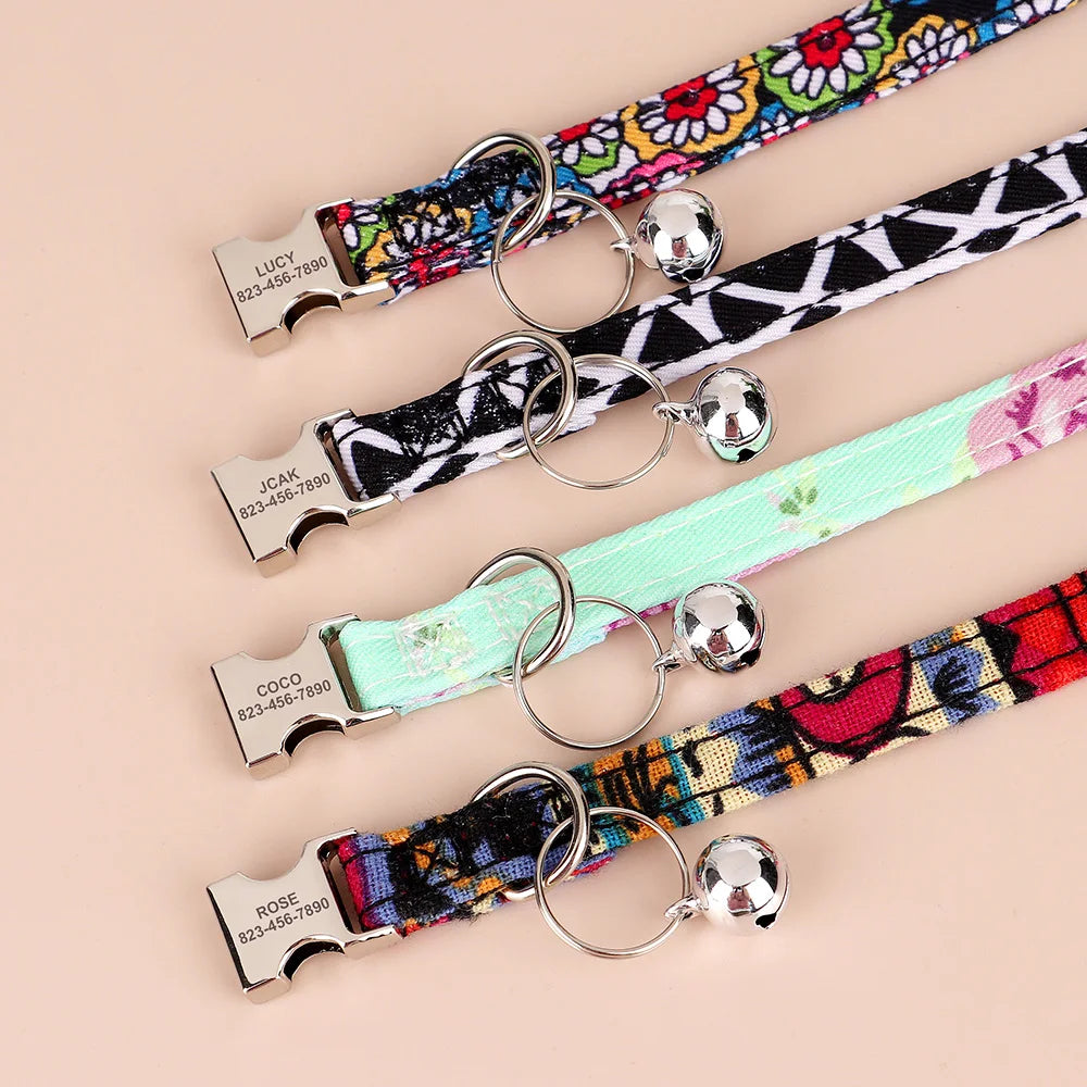 Personalized Printed Cat Collar - Adjustable Kitten and Puppy Collar with Free Engraved ID Nameplate & Bell