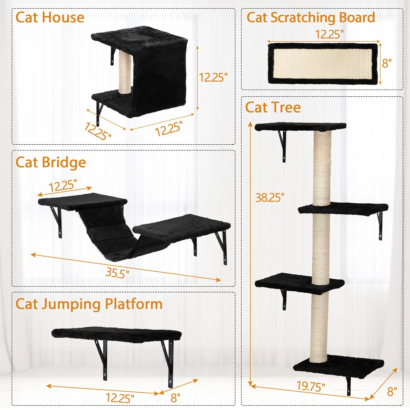 Wall-Mounted Cat Climber Set of 5, Black