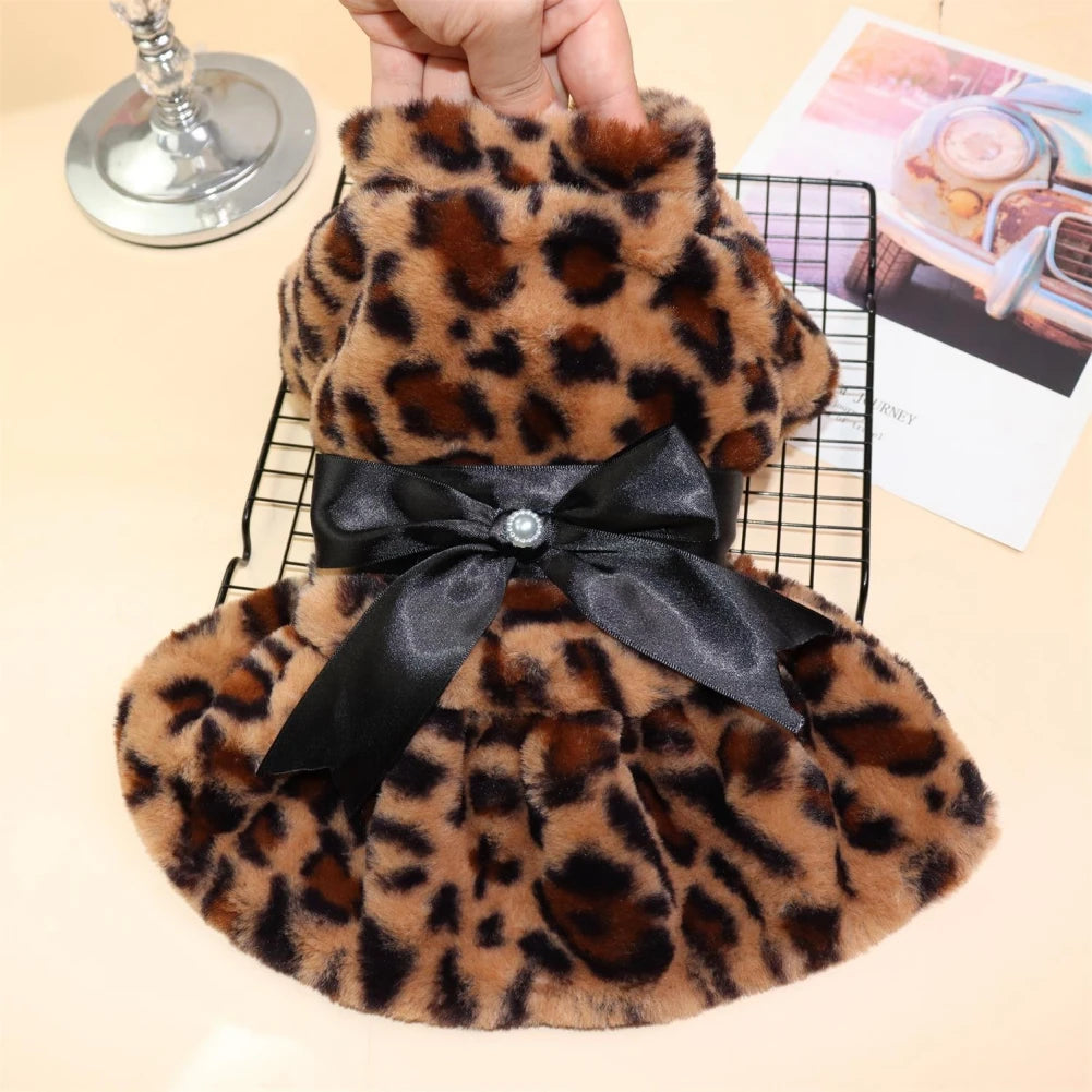 Winter Pet Clothes Plush Coat Leopard Print Dress