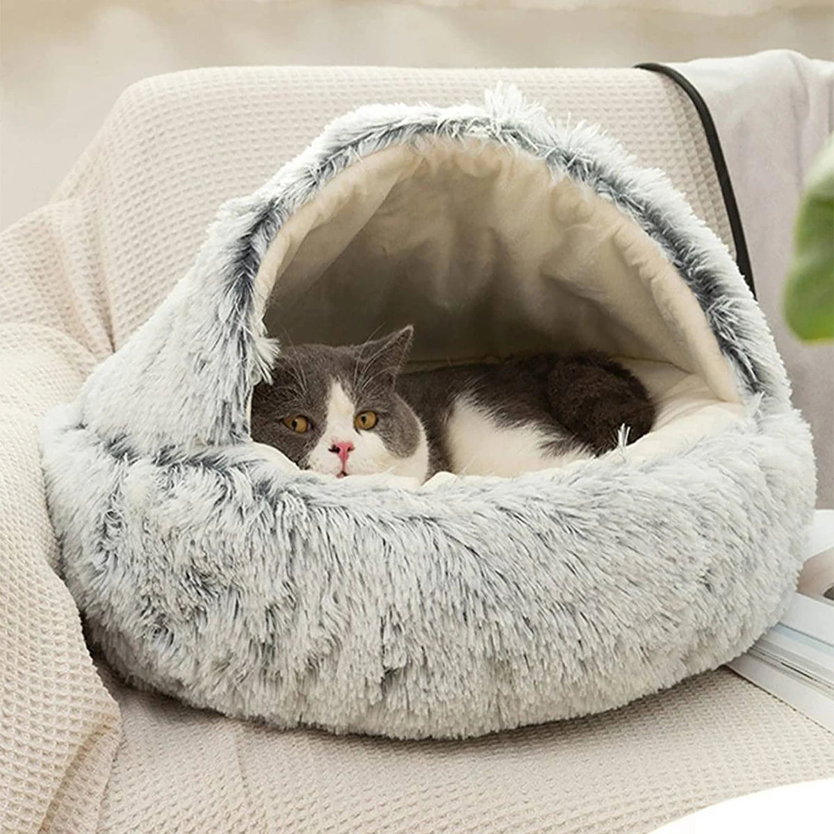 Cat Bed Round Plush Fluffy Hooded Cat Bed Cave - Cozy Doughnut Anti-Anxiety Bed for Indoor Cats and Small Dogs