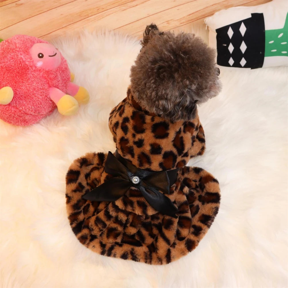 Winter Pet Clothes Plush Coat Leopard Print Dress